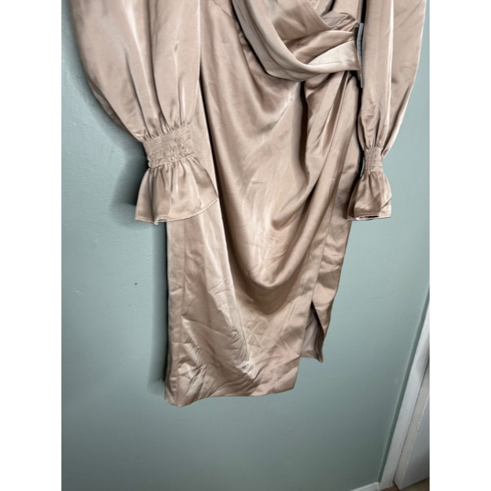 NWT Lavish Alice satin balloon sleeve wrap midi dress in champagne - Picture 9 of 11